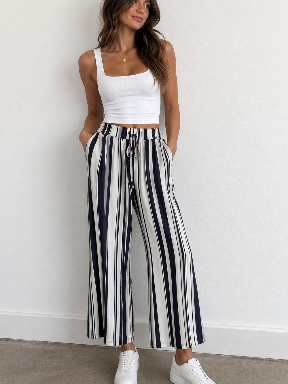 Jones New York XL Black & White Striped Wide Leg Tie Waist Pants